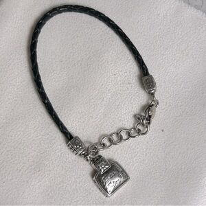 Brighton Best Friends Charm Bracelet Black Braided Leather Silver Plated 8.5"